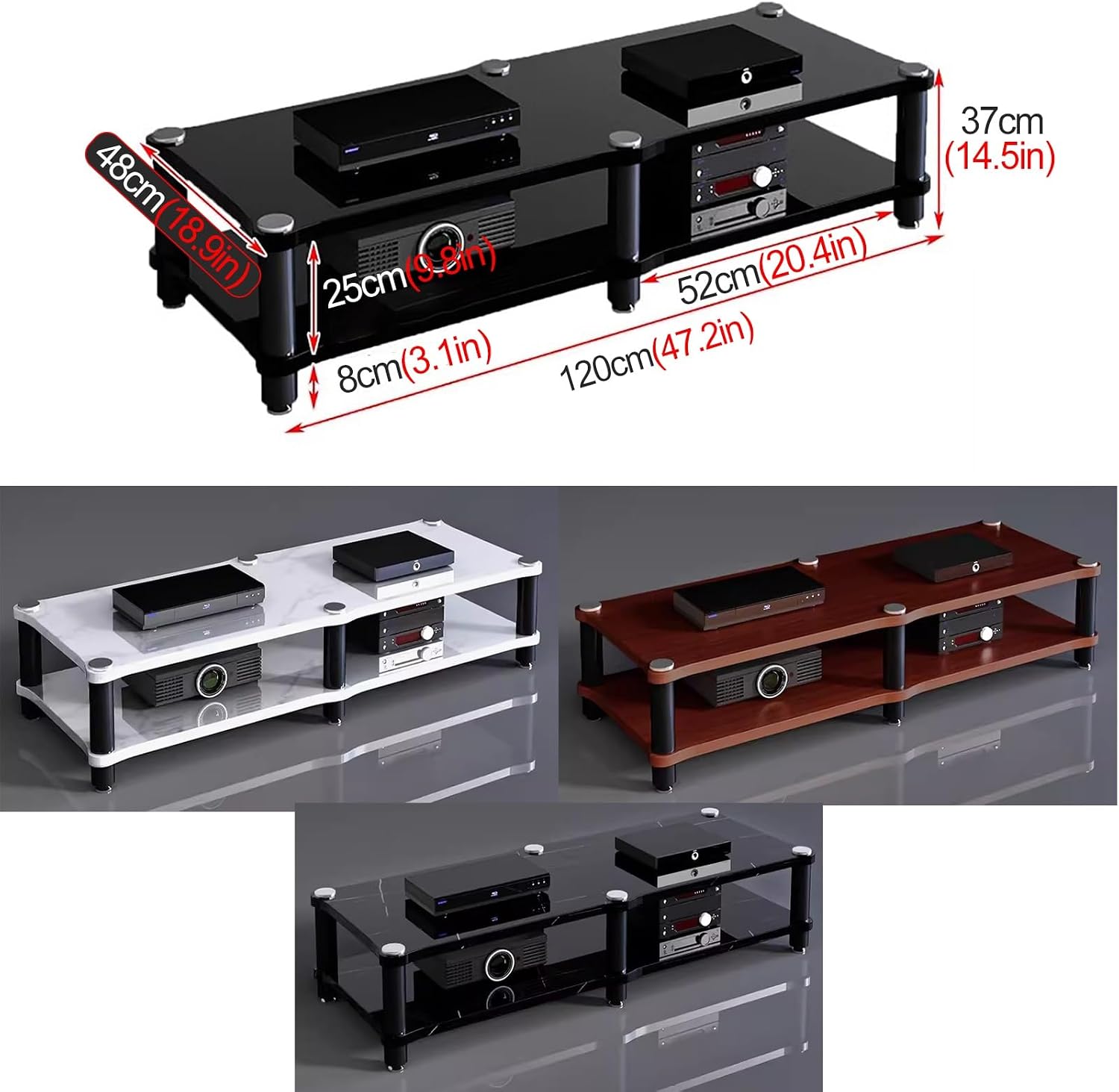 120cm Long Media Stand Audio/Video Component Cabinet, Home Stereo Racks and Stands, Heavy Duty Upright Modern Audio Equipment Rack, Open-Ended Modular Unit, Brown-2 Tier
