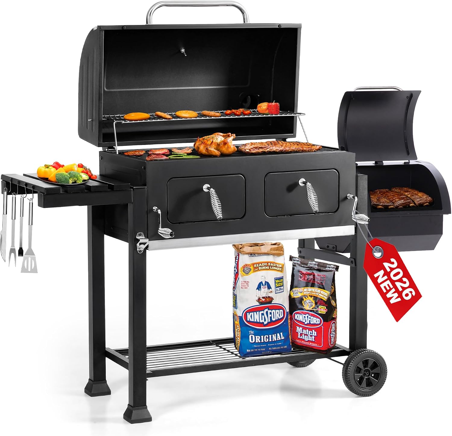 30 Inch Barrel Charcoal Grill and Offset Smoker, 1015 sq. in. Cooking Area Outdoor BBQ Grill, Perfect for Outdoor Cooking Barbecue Patio Garden Backyard Party
