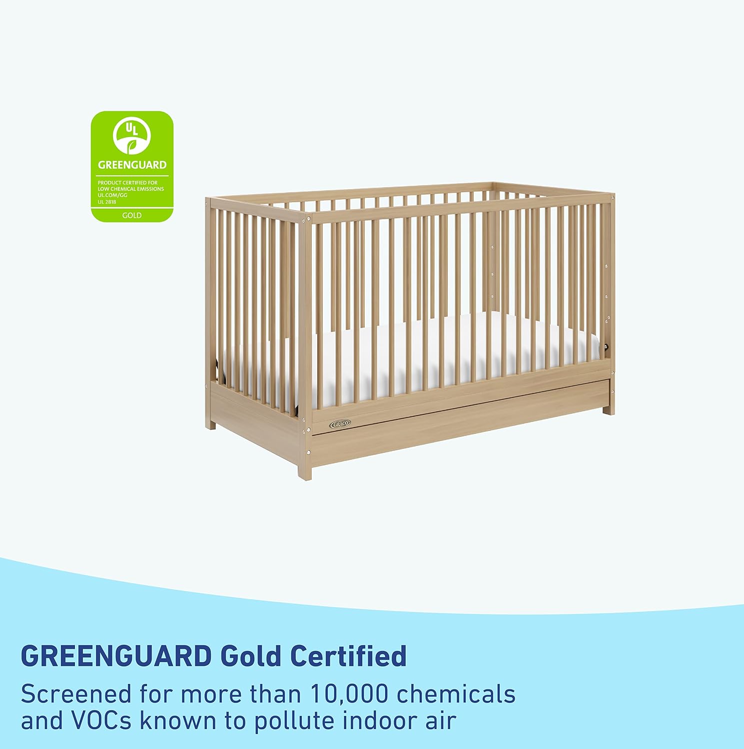 Graco Teddi 5-in-1 Convertible Crib with Drawer – GREENGUARD Gold Certified, Full-Size Nursery Storage Drawer, Baby Crib Converts to Toddler Bed, Daybed and Full-Size Bed (Driftwood)
