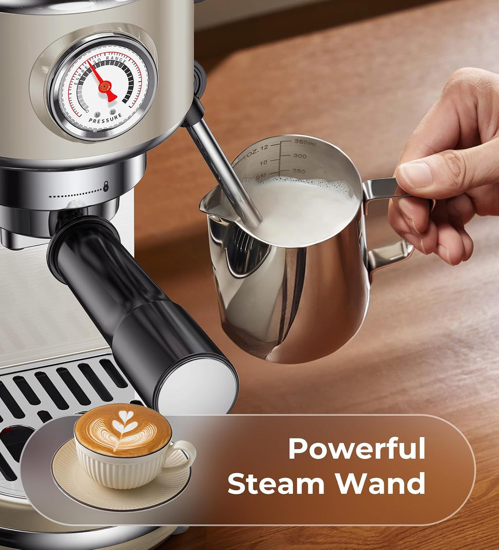 atatix 20 Bar Espresso Machine with Milk Frother, Compact Espresso Maker, Stainless Steel Coffee Machine with Precise Temp Control & 44oz Removable Water Tank for Latte, Cappuccino, Light Grey