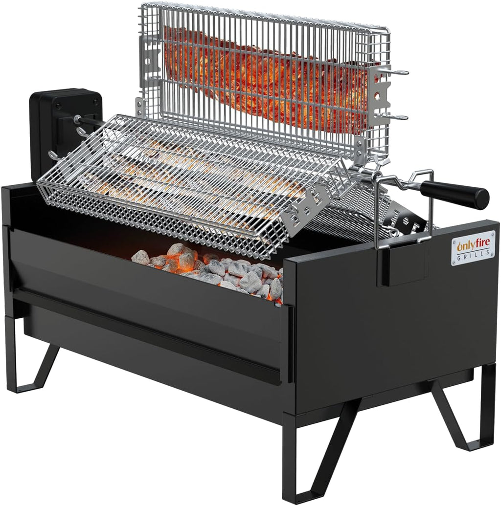 ONLYFIRE GRILLS 2 IN 1 Charcoal Grill Rotisserie Kit with 3 Stainless Steel Rotating Baskets and 24 In Grill Grate, Auto Swivel BBQ Roasting Machine for Outdoor Patio Backyard Barbecue, GS304