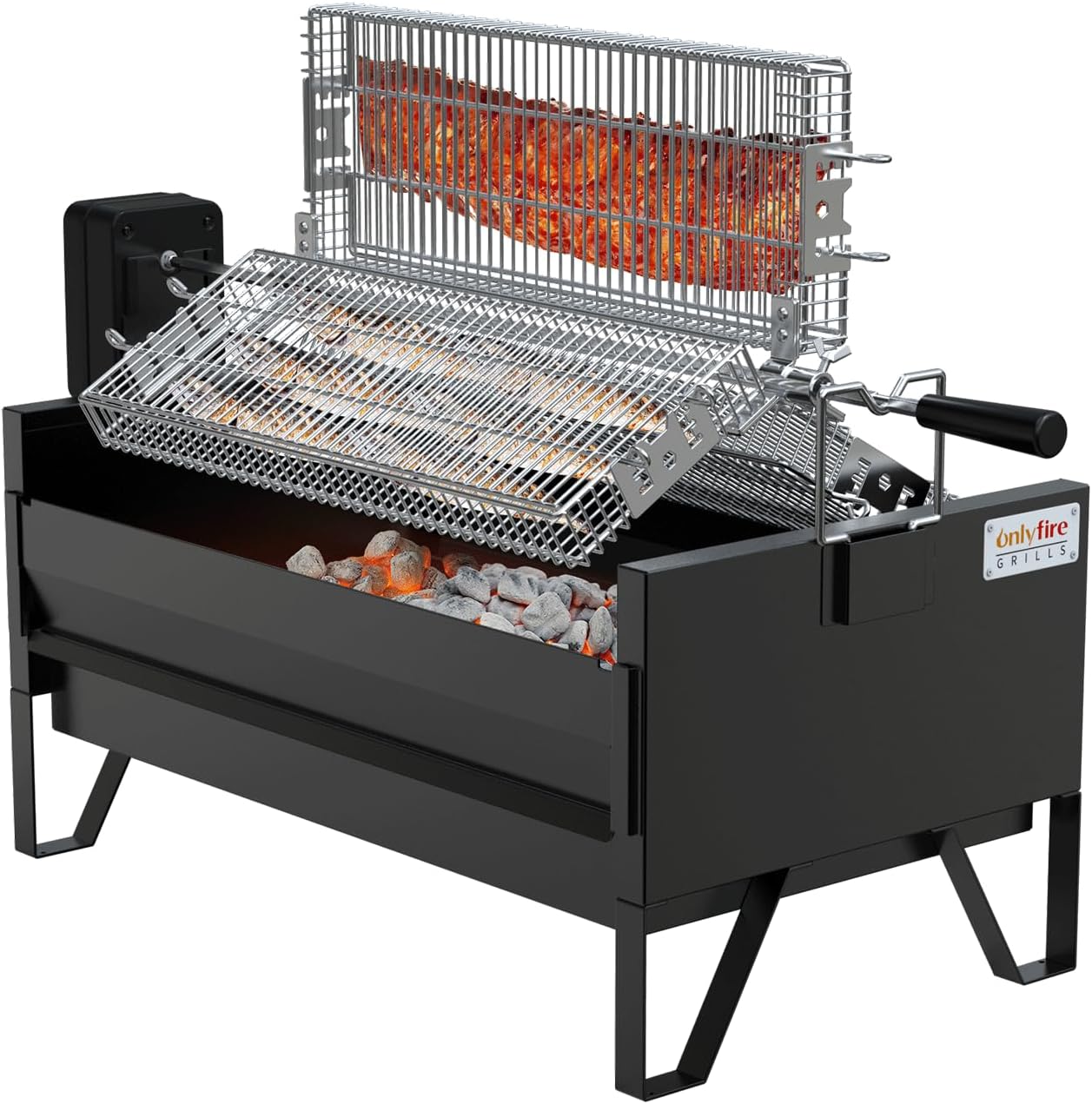 ONLYFIRE GRILLS 2 IN 1 Charcoal Grill Rotisserie Kit with 3 Stainless Steel Rotating Baskets and 24 In Grill Grate, Auto Swivel BBQ Roasting Machine for Outdoor Patio Backyard Barbecue, GS304