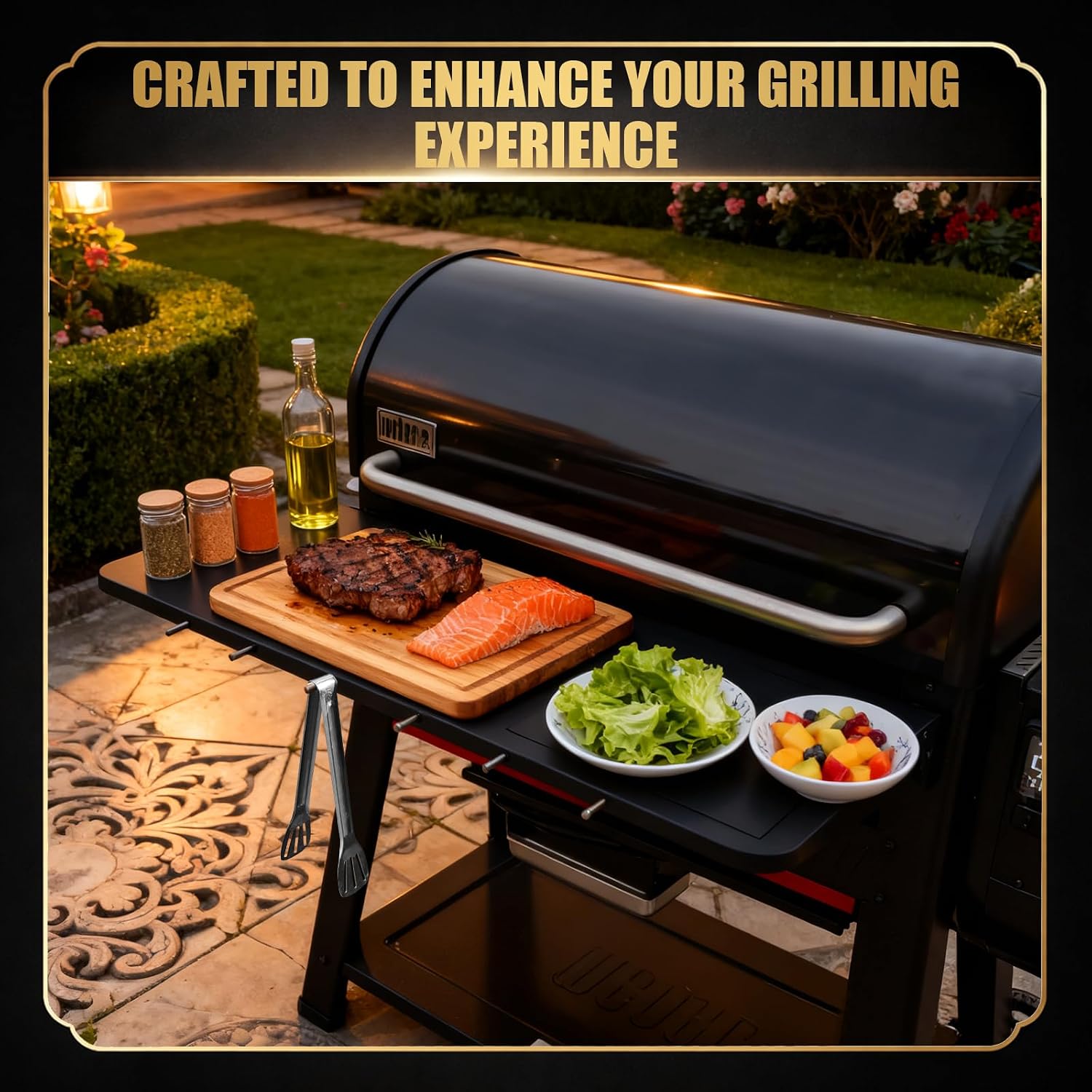 QuliMetal Folding Front Shelf for Weber Searwood XL 600, 35' x 12.5' Grill Prep Table with Stainless Steel Basin, Cutting Board, Lid and 5 Hooks, Heavy-Duty Front Grill Table Accessory