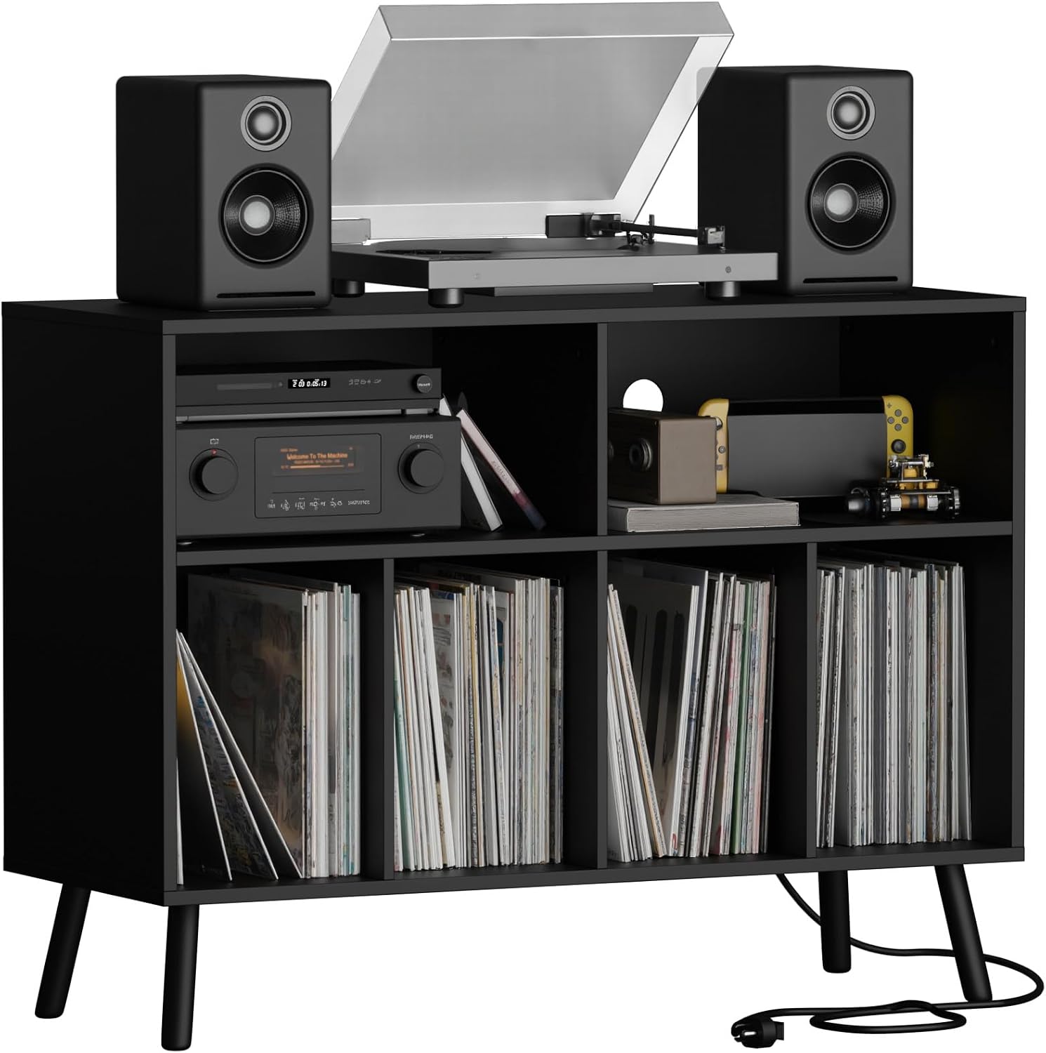 Cozy Castle Record Player Stand with Vinyl Storage Cabinet, Wood Turntable Table Open Shelf Holder Up to 350 Albums Cube Storage Organizer for Living Room, Office, Black