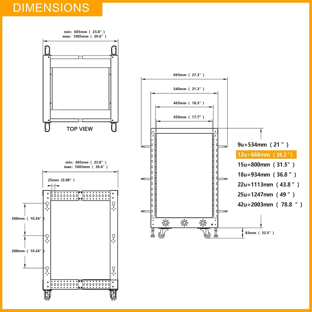 RIVECO 12U 19' Adjustable Depth Server Rack Support Up to 1700LBS Floor Standing 4 Post Rack with L Rails & Load-Bearing Casters Universal for Network Equipment Black
