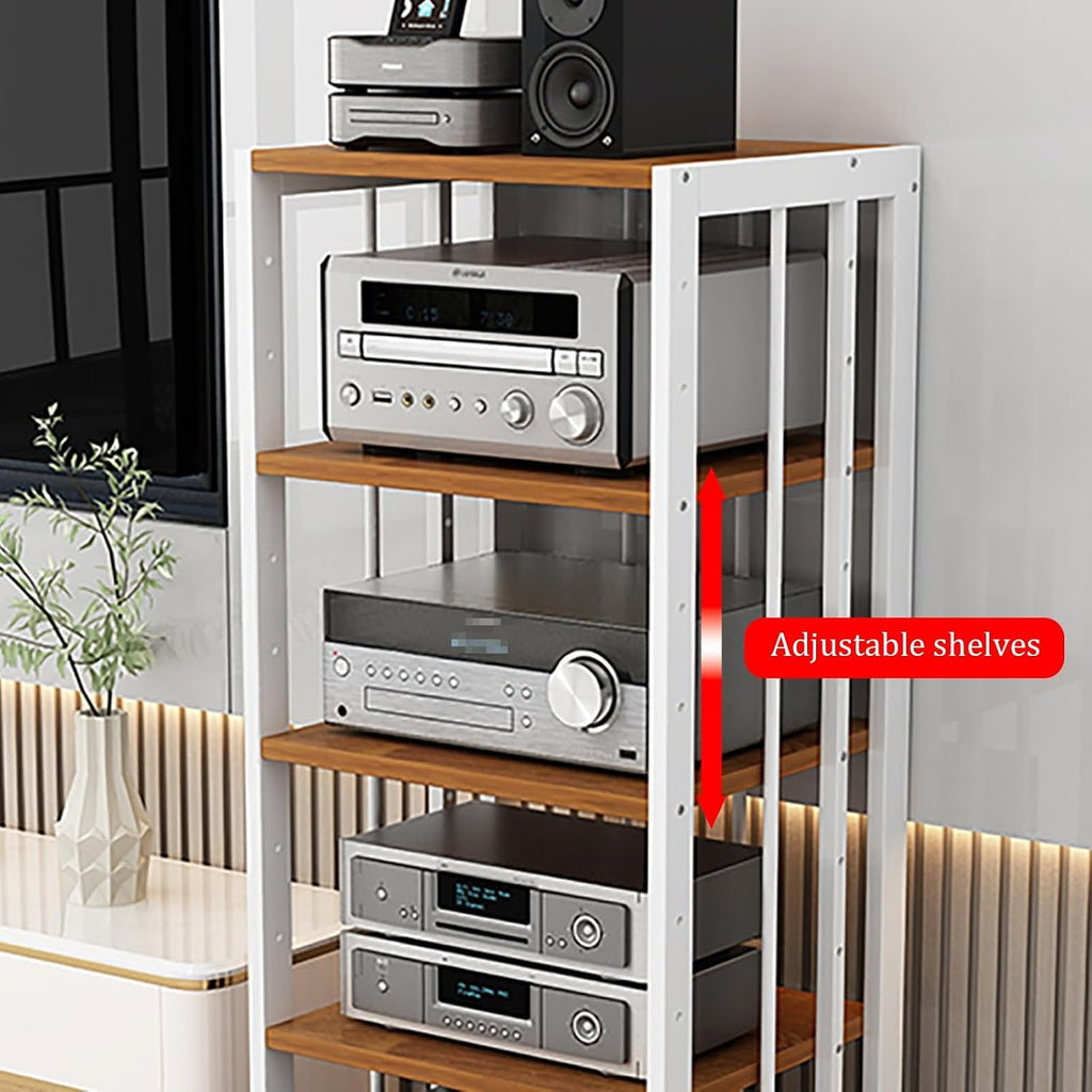 AV Component Media Stand - 4-Tier Media Storage Cabinet with Adjustable Shelves, Movable Audio Rack, Sturdy Steel Frame, Holds 200kg, Black & Natural Finish (50x40x89cm)
