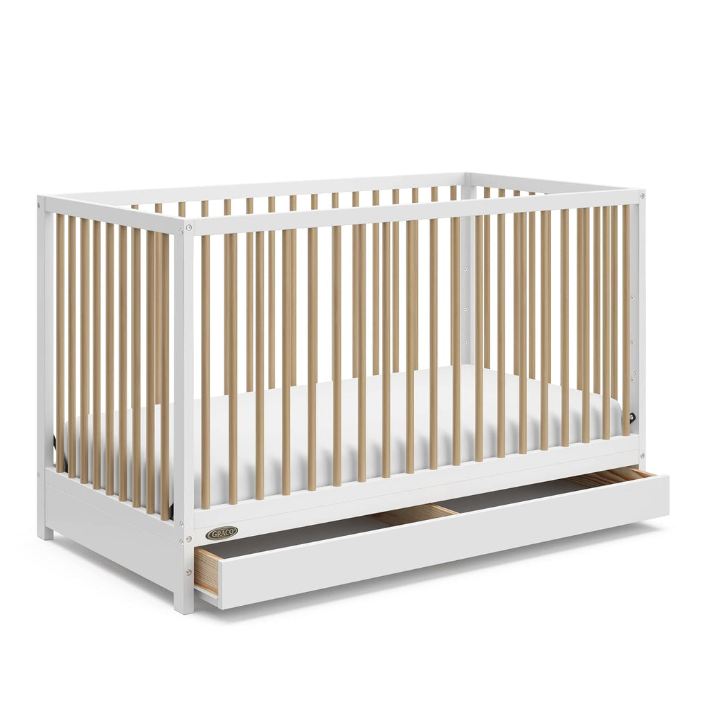 Graco Teddi 5-in-1 Convertible Crib with Drawer – GREENGUARD Gold Certified, Full-Size Nursery Storage Drawer, Baby Crib Converts to Toddler Bed, Daybed and Full-Size Bed (White and Driftwood)