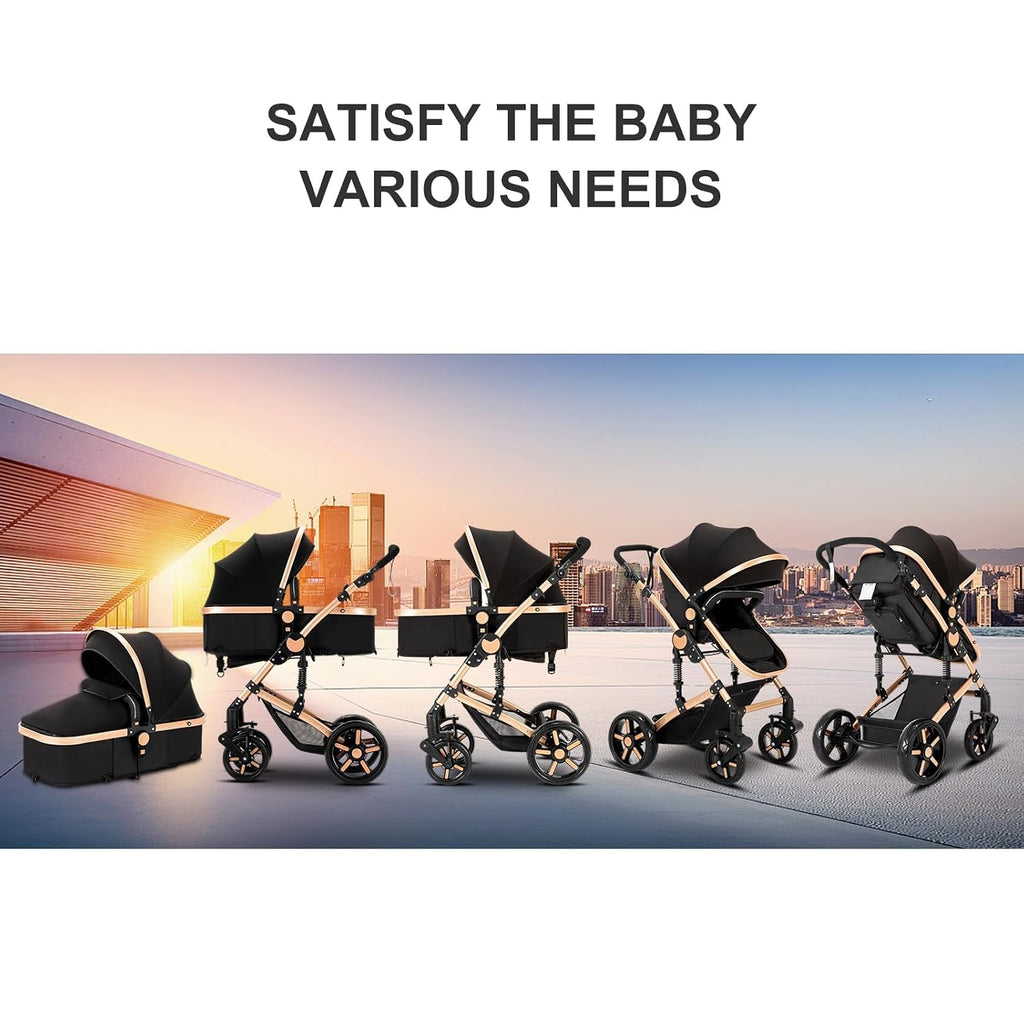 MoLi 2 in 1 Baby Bassinet Stroller, Convertible Foldable Standard Stroller, Reversible Pushchair Infant Buggy Carriage, Portable High Landscape Pram for Toddler Newborn, Aluminum Alloy (2US588-BLACK)