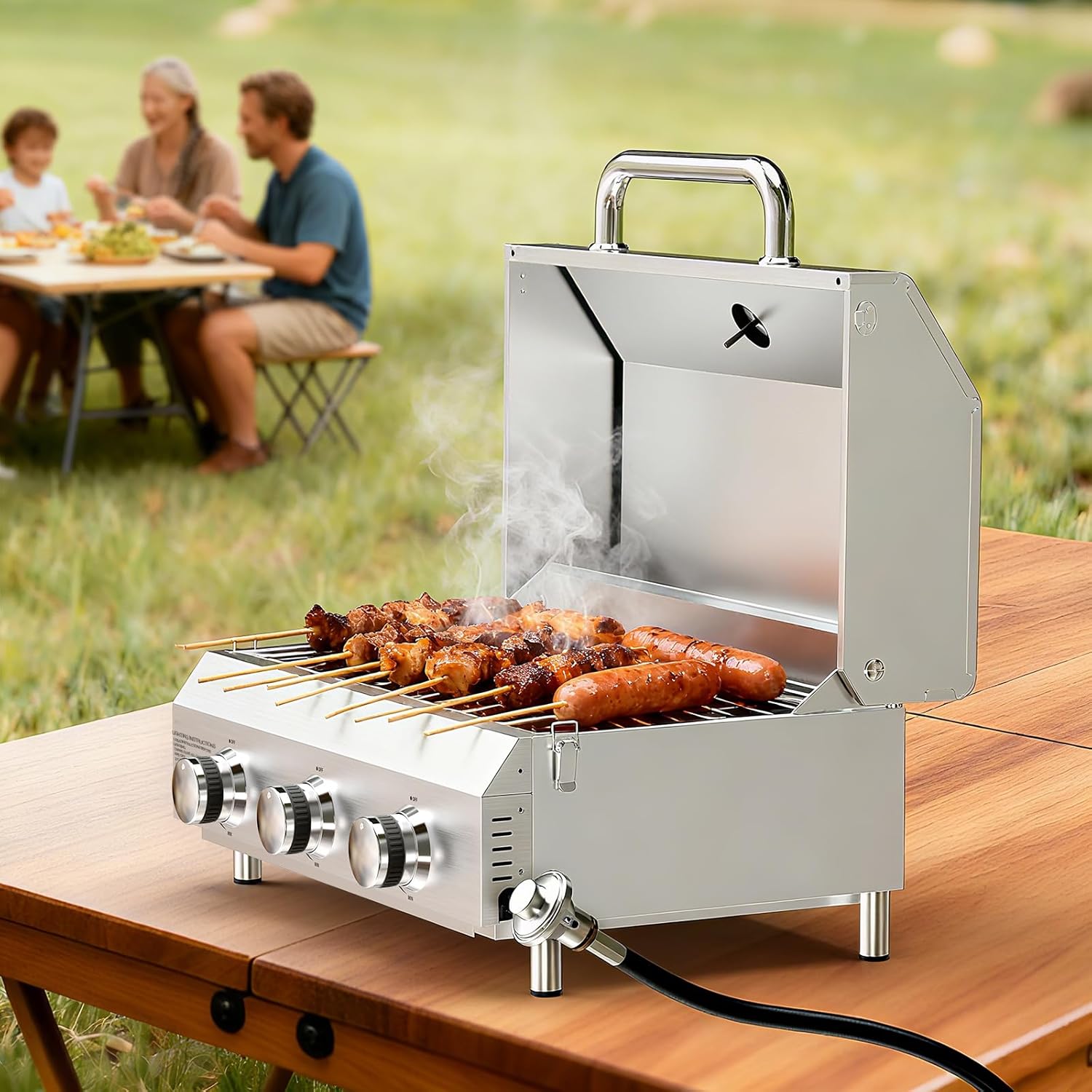 Bestfire 3-Burner Tabletop Propane Gas Grill with Dual Connections, 30,000 BTU Portable Propane Grill Fits Large Cylinders & Small Canisters, Stainless Steel Knobs, Compact Design for Camping, RV, BBQ