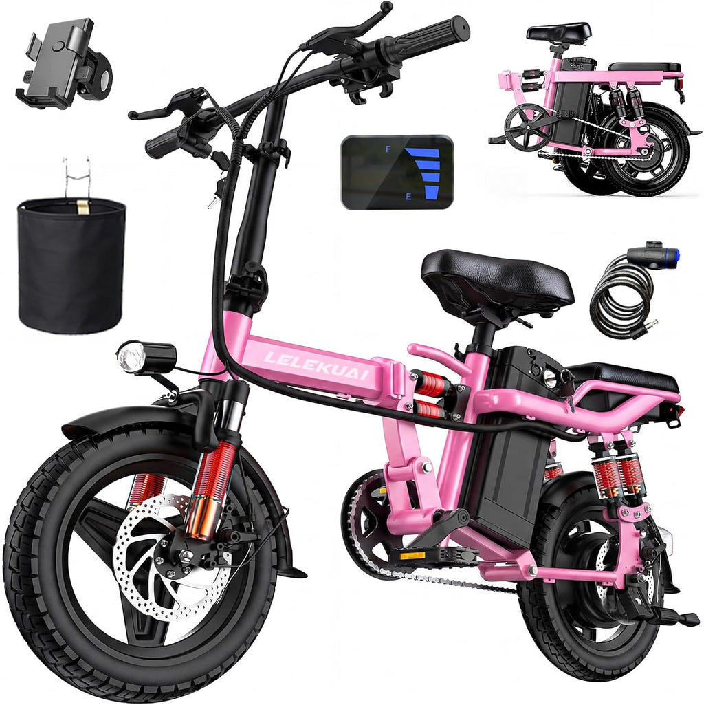 LELEKUAI Electric Bike for Adults and Teens, 520W-560W Motor, 20-24MPH, 32 Miles Range, 48V 10Ah Battery, 3-Level Pedal Assist, 14' Foldable Mini Electric Bicycle, UL 2849 Certified