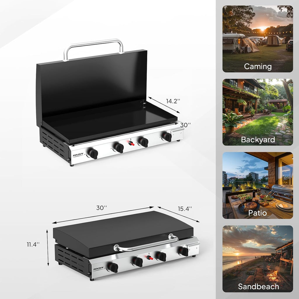 ROVSUN 4 Burner Portable Propane Griddle with Enameled Tray & Lid, 40,000 BTU Tabletop Flat Top Gas Grill with Electronic Ignition & Regulator for Outdoor Cooking Camping BBQ Tailgating