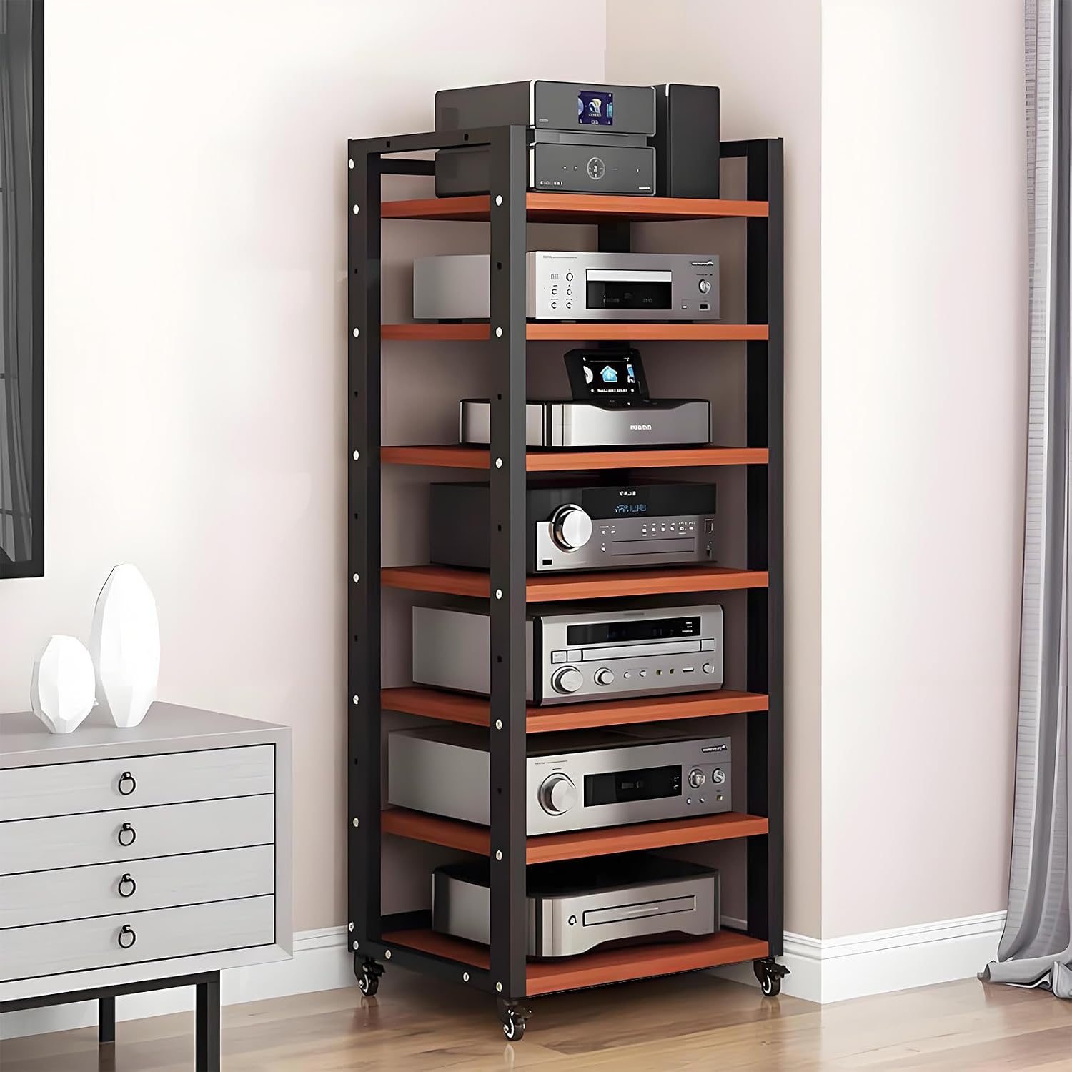 AV Media Stand, 7/8-Tier Corner TV Stand with Height Adjustable Wooden Shelves, Audio Component Rack, Media Audio Tower Cabinet, Stereo Cabinet for Living Room, Gaming Room, Music Studio