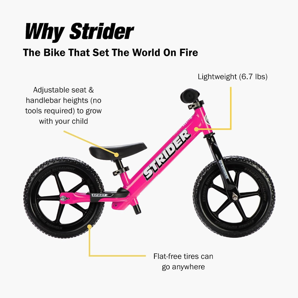 Strider 12' Sport Bike - No Pedal Balance Bicycle for Kids 1 to 4 Years - Includes Safety Pad, Padded Seat, Mini Grips & Flat-Free Tires - Tool-Free Assembly & Adjustments