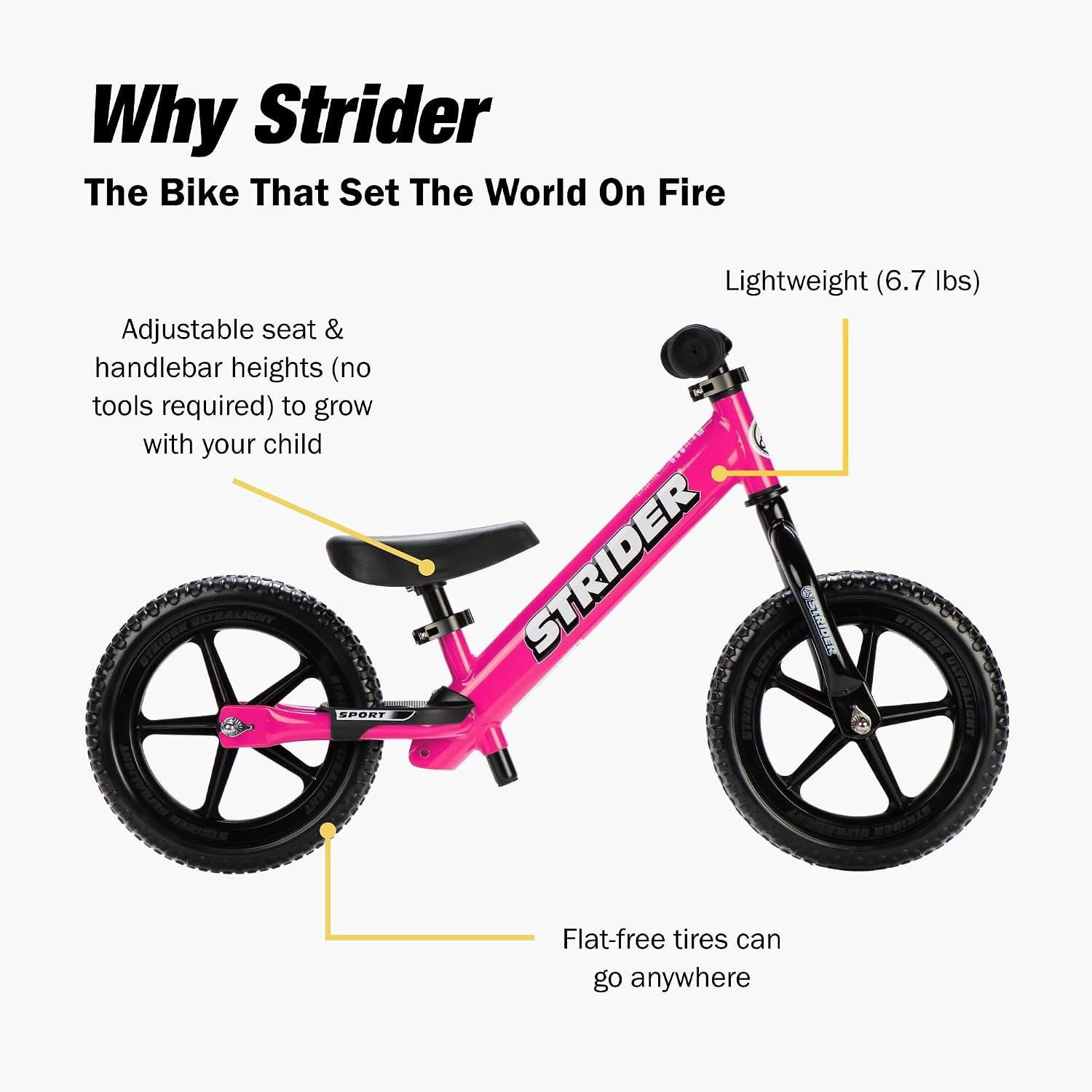 Strider 12' Sport Bike - No Pedal Balance Bicycle for Kids 1 to 4 Years - Includes Safety Pad, Padded Seat, Mini Grips & Flat-Free Tires - Tool-Free Assembly & Adjustments
