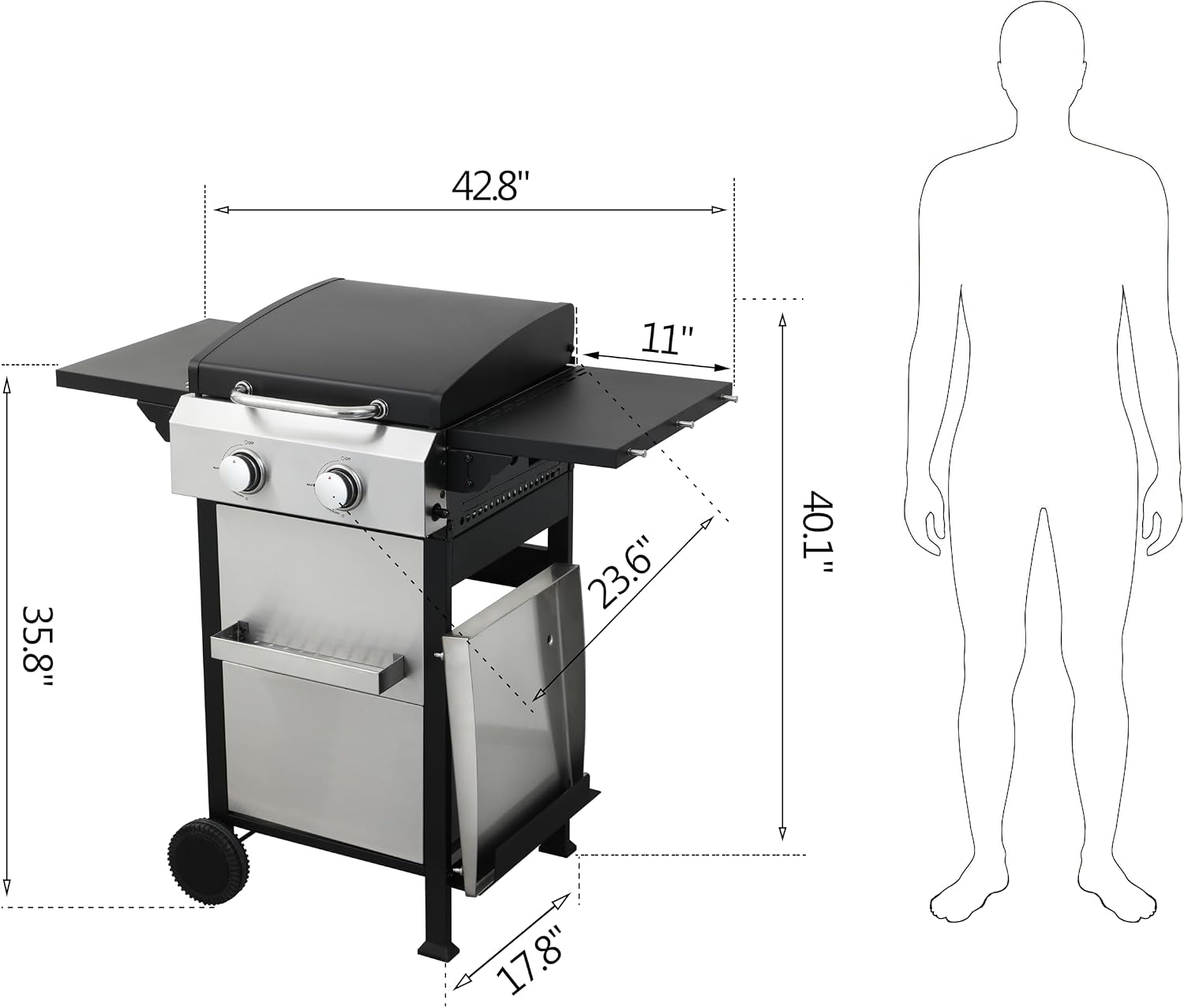 2-Burner Propane Gas BBQ Grill, SS Plancha, 24600BTU Output With Wire Enamel Cooking Grids For Outdoor Barbecue, Foldable Side Table, Hanging Basket, Stainless Steel