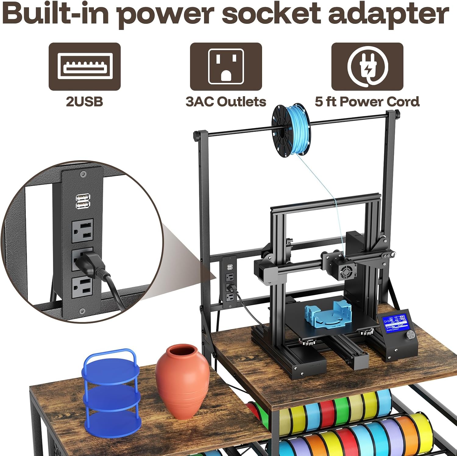 Aquzee 3D Printer Table with Filament Storage, W51*D23.6 3D Printer Stand, Heavy Duty 3D-Printer Storage Rack, 1 Power Outlet 3D-Printing Desk Office Workshop Studio, for 3dPrinter Accessories