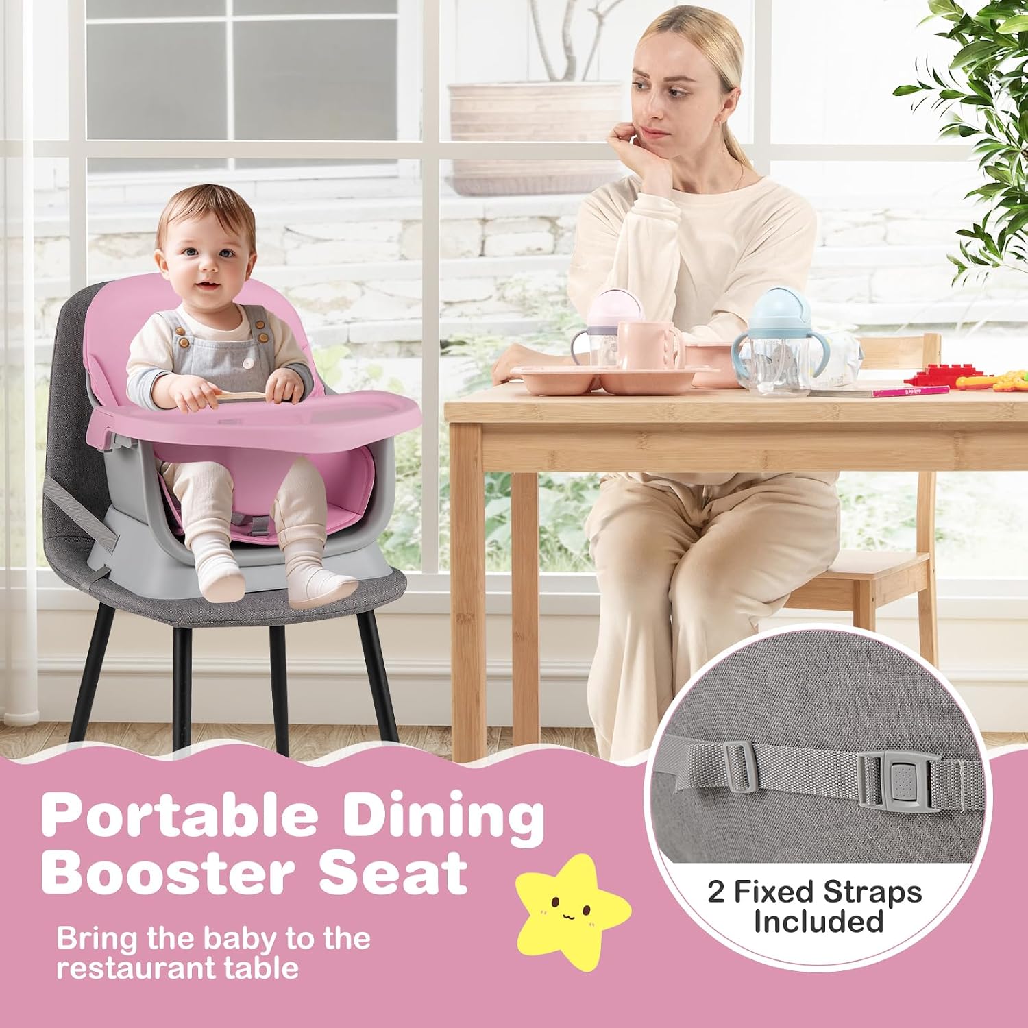 KOTEK 16 in 1 Convertible High Chair, Baby Highchair & Activity Center, Booster Seat, Building Block Table, Toddler Chair with 5-Point Harness, Removable Tray & Cushion (Pink)