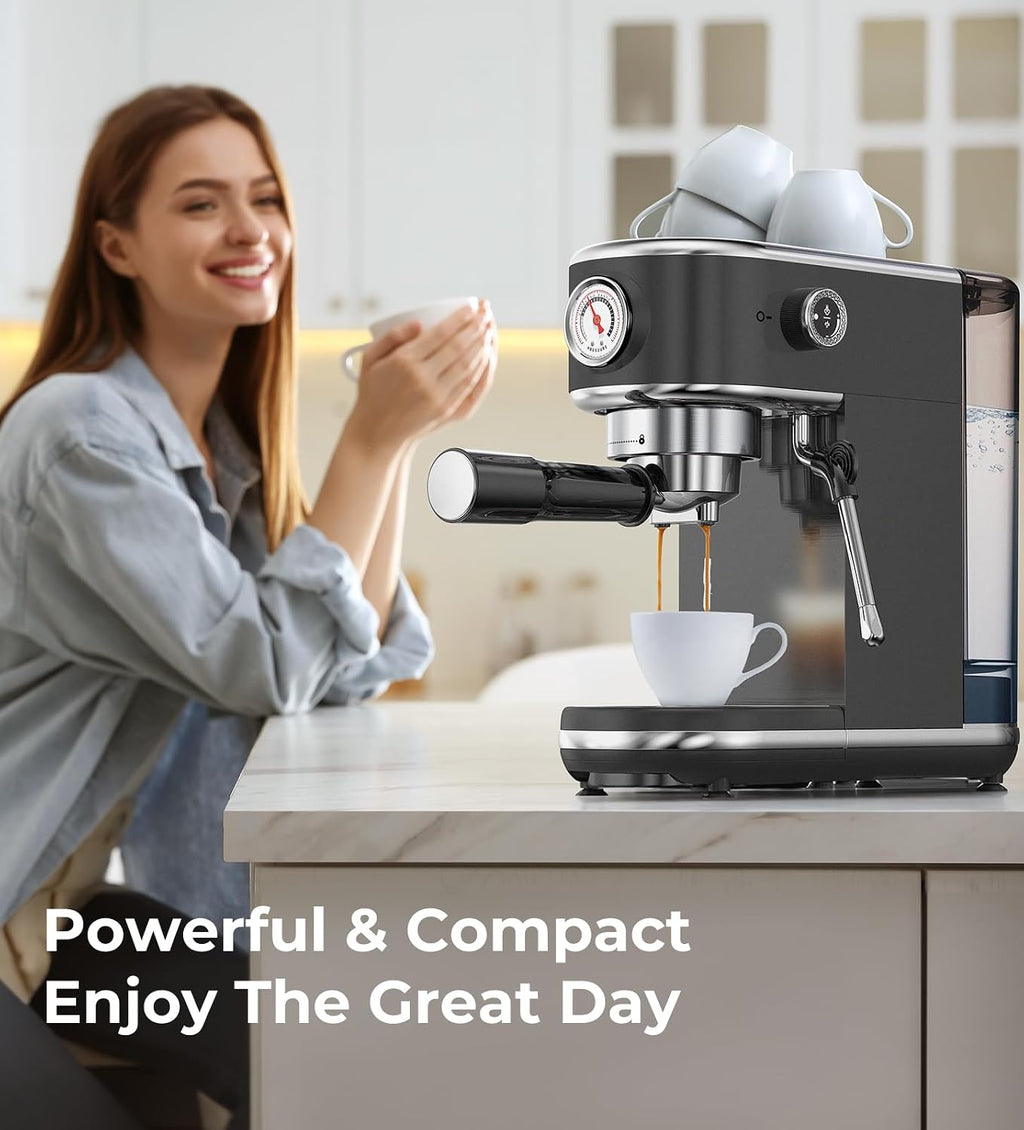 atatix 20 Bar Espresso Machine with Milk Frother, Compact Espresso Maker, Stainless Steel Coffee Machine with Precise Temp Control & 44oz Removable Water Tank for Latte, Cappuccino, Dark Grey