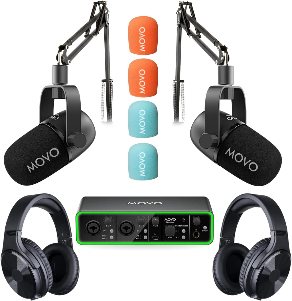 Movo Podcasting Equipment Bundle - Phantom USB Audio Interface, 2 CastMic XLR Dynamic Microphones, 2 Boom Arms and Headphones - Complete Studio Setup for Professional Podcasting and Streaming