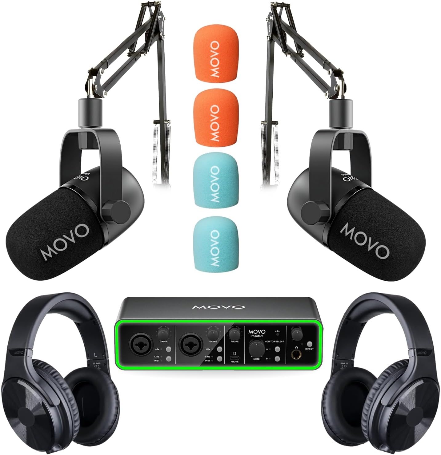 Movo Podcasting Equipment Bundle - Phantom USB Audio Interface, 2 CastMic XLR Dynamic Microphones, 2 Boom Arms and Headphones - Complete Studio Setup for Professional Podcasting and Streaming