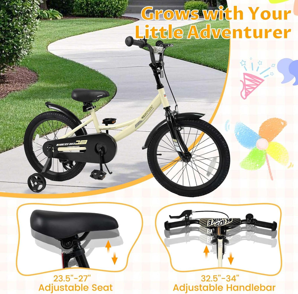 COSTWAY Kids Bike, 18 Inch Toddler Bicycle with Removable Training Wheels, Dual Brakes, Adjustable Seat & Handlebar Height, Girls & Boys Bikes for 3-8 Years Old (Beige,18 Inch with Kickstand)