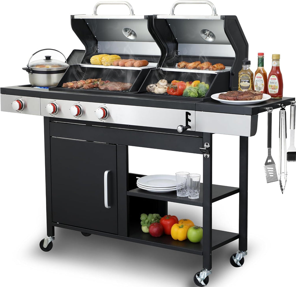 3 Burner Gas & Charcoal Combo Grill with Side Burner, 39,000 BTU Propane BBQ Grill, Cast Iron Grates & Griddle, Warming Rack, Grease Tray, Storage Cabinet, 4 Wheels for Outdoor Patio