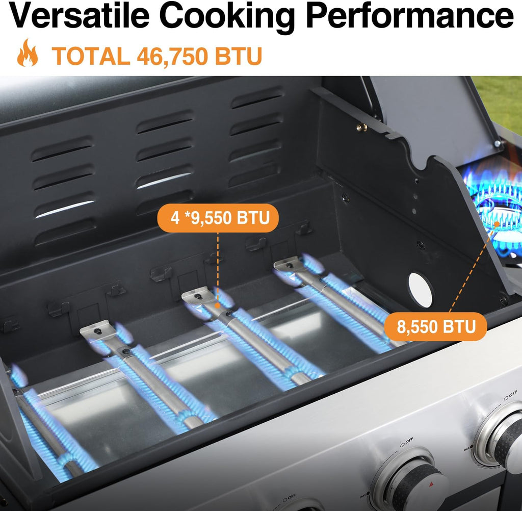 4 Burner Propane Gas Grill | 49,000 BTU Cast Iron Grill, Storage, Side Burner, Pullout Oil Drip Tray | Perfect for outdoor Cooking, Garden, Backyard and Patio