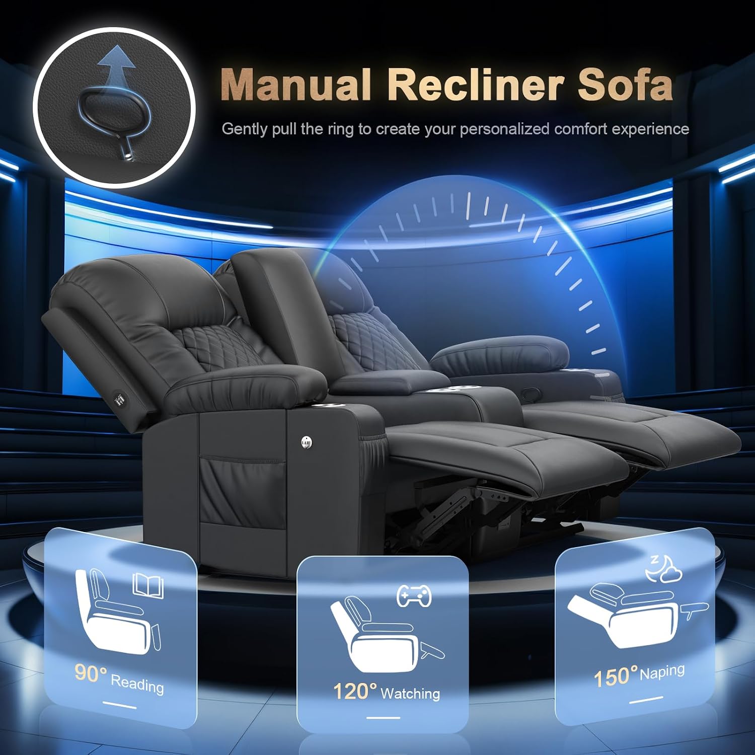 Recliner Sofa Set, Loveseat Recliner Couch and 2 PCS Recliner Chair with Heat & Massage, Home Theater Seating with Console, Drawer, USB Ports & Phone Holders, Reclining Loveseat for Theater