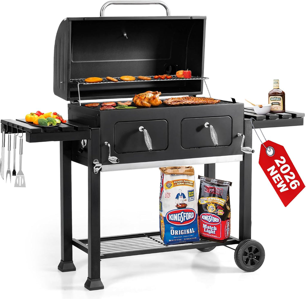 34-Inch Barrel Charcoal Grill with Side Tables, 794 Square Inches Cooking Space, Large Charcoal BBQ Grill with 2 Height-Adjustable Charcoal Pans for Outdoor Backyard Patio Picnic Parties Camping