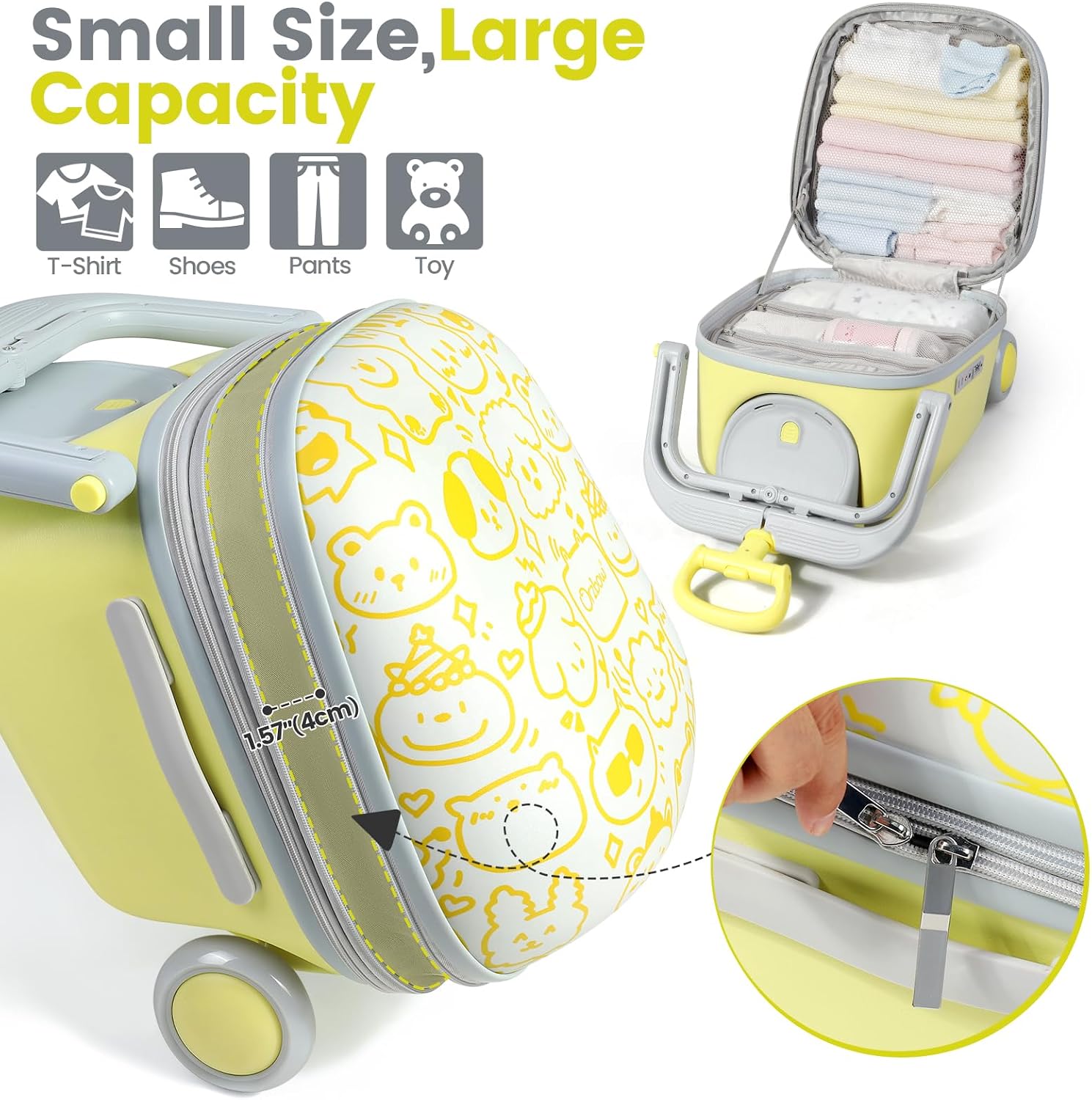 Orzbow 2-In-1 Ride On Luggage, Expandable Ride On Suitcase for Kids with Spinner Wheels, Carry On Luggage with Detachable Seat, Double as Stroller, Safety Guardrail, Help Your Child Relax, Yellow