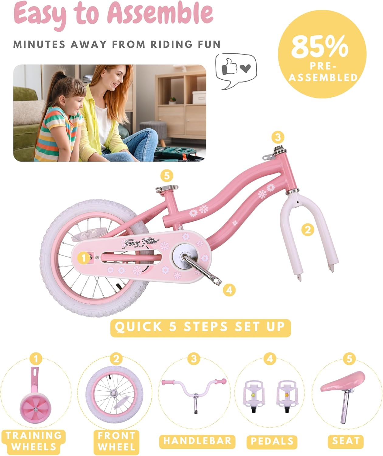 bicystar Girls Bike for Kids Ages 2-8 Years, 12 14 16 18 Inch Kids Bike with Training Wheels, Basket & Streamers, Pink Little Girls Bicycle with Coaster Brake, Birthday Gift