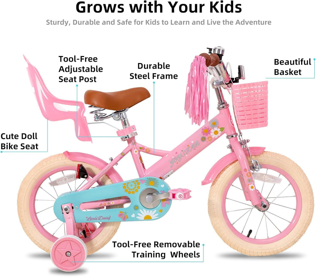 JOYSTAR Little Daisy Kids Bike for Girls Boys Ages 2-7 Years, 12 14 16 Inch Girls Bikes with Doll Bike Seat & Streamers, Boys Bike with Flag & Number Plate, Multiple Colors