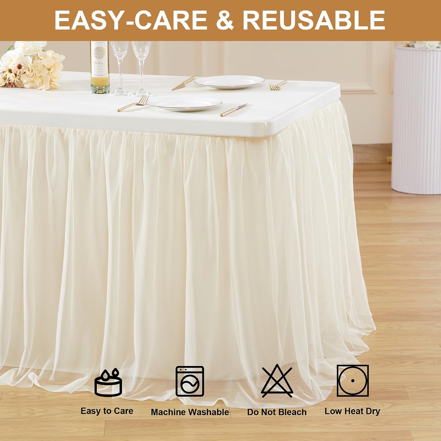 Wish Care 6 Pack Light Champagne Tulle Tablecloth for 6 Foot Rectangle Tables Ruffle Stretch Fitted Table Cloth Tutu Skirt Wrinkle Free Table Cover for Party Wedding Birthday Banquet Cake Tables Decor