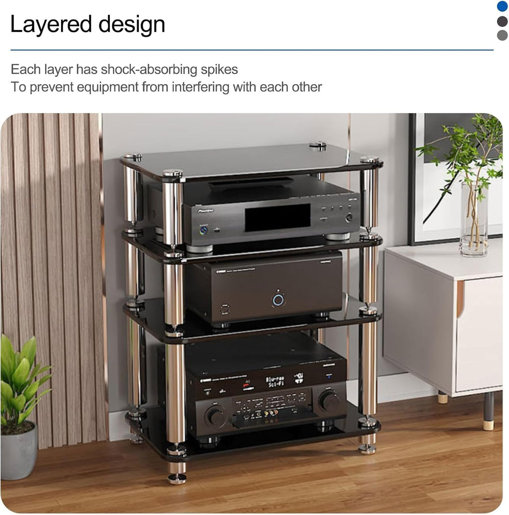 Audio Rack AV Media Stand with 1/2/3/4-Tier Tempered Glass Shelves, Storage Rack Audio Tower Equipment Console Shelf, for Home Office Theater(White,38cm/15in)
