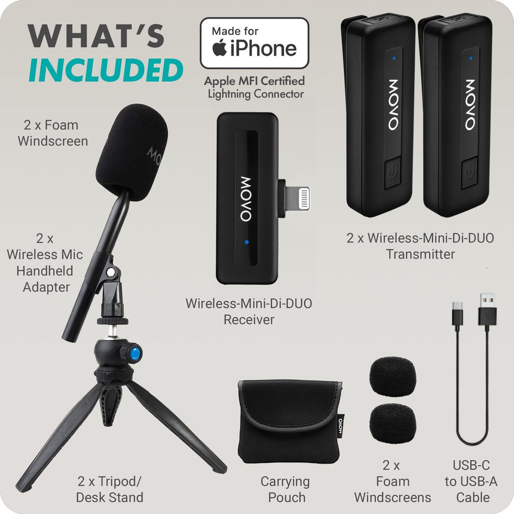 Movo WireL Mini DI-Duo Wireless Microphone for iPhone Podcast Equipment Bundle with WMX-HM Handle/Desktop Mic Stand - Wireless iPhone Mics for Podcasting, Interviews, and Content Creation