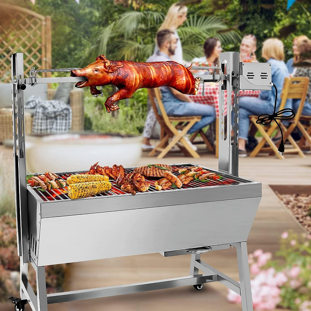 Stainless Steel Rotisserie Grill, 25W Motor Small Pig Lamb Rotisserie Roaster, 37 Inch BBQ Charcoal Grill for Camping Outdoor Kitchen without Baffle