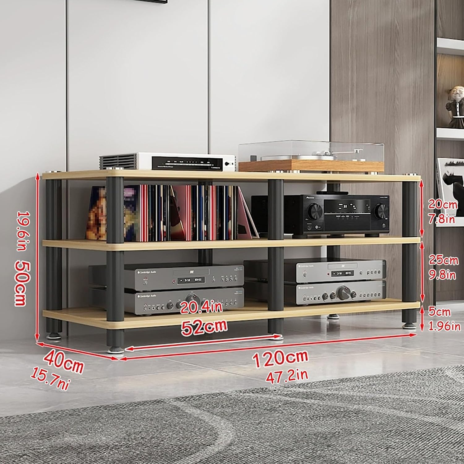 AV Media Stand, Audio Rack Corner Component Cabinet, Open Storage Shelf, Power Amplifier Shelf Equipment, TV Printer Storage Stand, for Home, Office(Natural,3 Tier 50CM/19.6in)