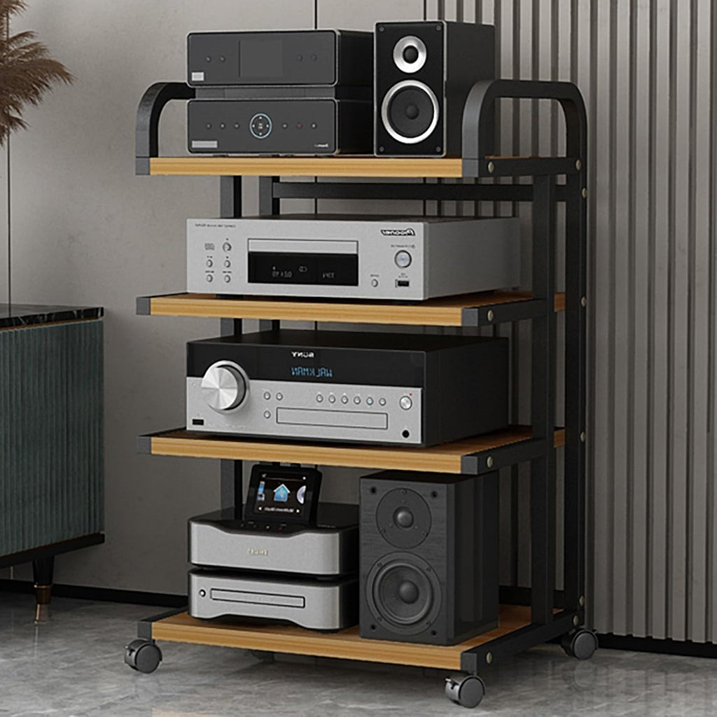 Multimedia HiFi Stand with Wheels, 4-Tier Audio Storage Shelf, Carbon Steel Stereo Component Rack for Living Room & Bedroom, 35in Height, Modern Design