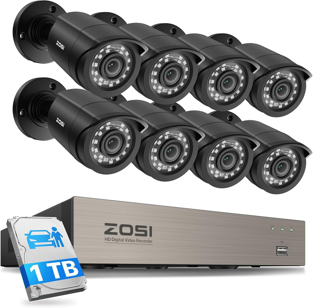ZOSI 3K Lite 8CH Security Camera System Outdoor with 1TB Hard Drive,AI Human/Vehicle Detection,Night Vision,H.265+ 8 Channel 5MP Lite Video DVR Recorder,8X 1080P HD 1920TVL Weatherproof CCTV Cameras