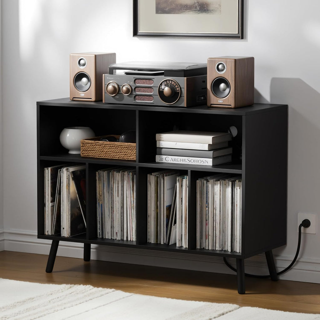 Cozy Castle Record Player Stand with Vinyl Storage Cabinet, Wood Turntable Table Open Shelf Holder Up to 350 Albums Cube Storage Organizer for Living Room, Office, Black