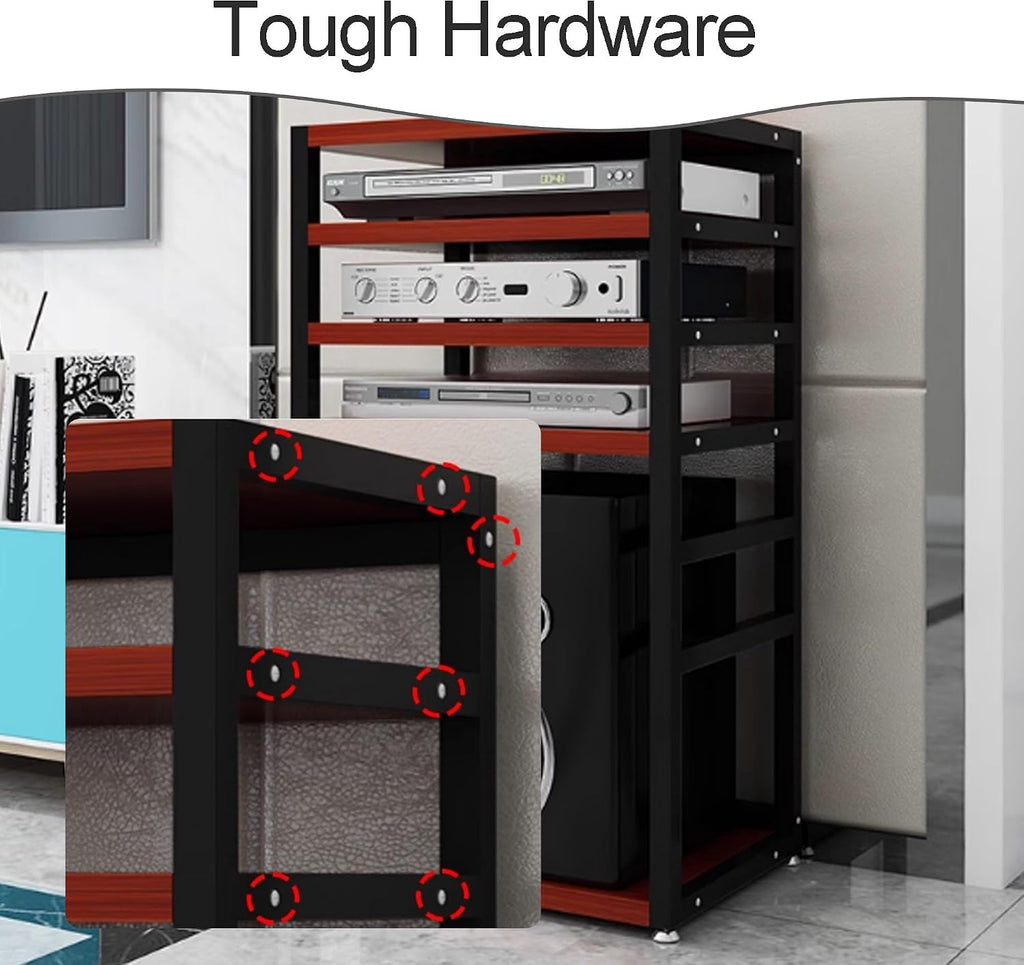 5-Tier AV Media Stereo Stand - Open Storage Shelves for Audio-Video Equipment, Gaming & Recording Room Cabinet - Red Walnut Finish, 21.7x15.7x37.8in