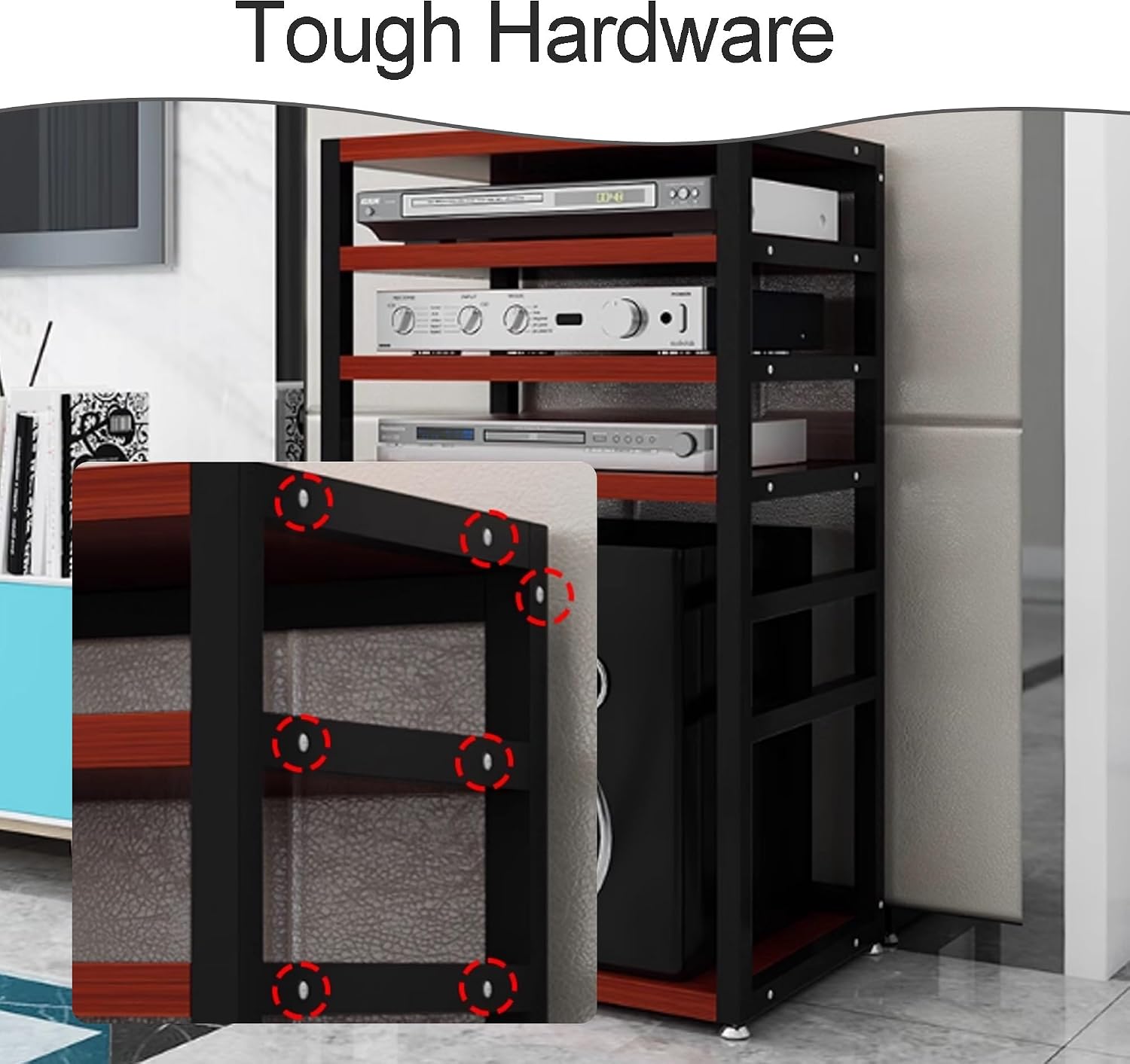 5-Tier AV Media Stereo Stand - Open Storage Shelves for Audio-Video Equipment, Gaming & Recording Room Cabinet - Red Walnut Finish, 21.7x15.7x37.8in
