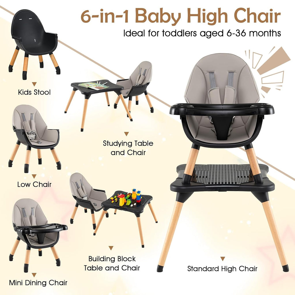 GLACER High Chair, 6-in-1 Convertible Wooden High Chairs for Babies and Toddlers w/Building Block Table, 5-Point Safety Harness, Removable Tray, PU Cushioned Baby High Chair for 6-36 Months (Black)