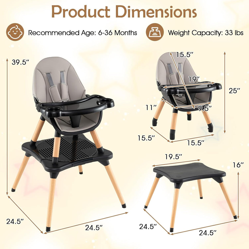 GLACER High Chair, 6-in-1 Convertible Wooden High Chairs for Babies and Toddlers w/Building Block Table, 5-Point Safety Harness, Removable Tray, PU Cushioned Baby High Chair for 6-36 Months (Black)