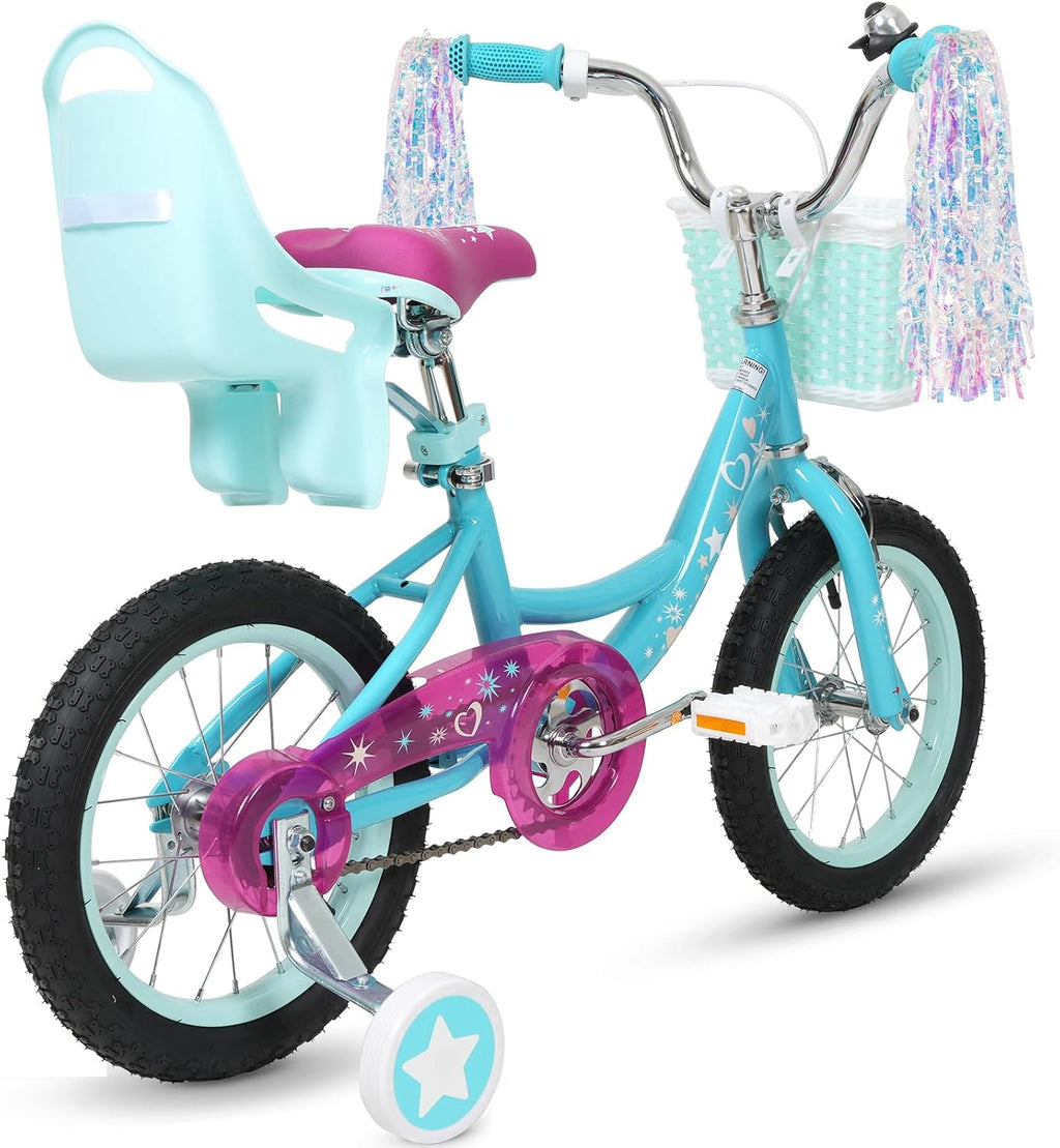 WEIZE Girls Bike for 3-12 Years Old Kids, 14 16 20 Inch Kids Bike with Training Wheels, Streamers, Basket and Doll Seat, Children Bicycles with Coaster Brake, Multiple Colors
