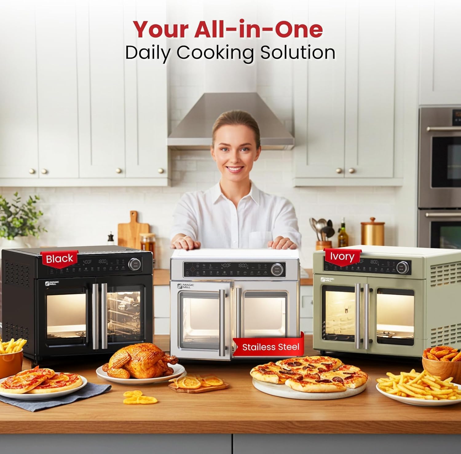 Magic Mill Ultra-Premium Air Fryer Toaster Oven Combo With Independent Dual-Zone Technology, Extra Large 32QT French Door Stainless Steel Convection Oven, Next-Gen Patent Technology, 13 accessories