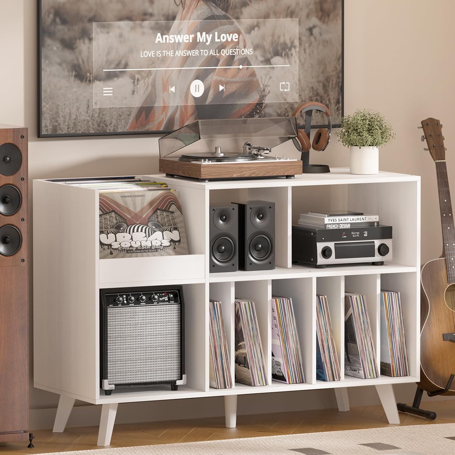 LELELINKY Large Record Player Stand, 48''Turntable Stand with Storage, Vinyl Record Holder with Display Area, Record Player Table Holds Up to 450 Albums, Record Stand for Music Room Living Room