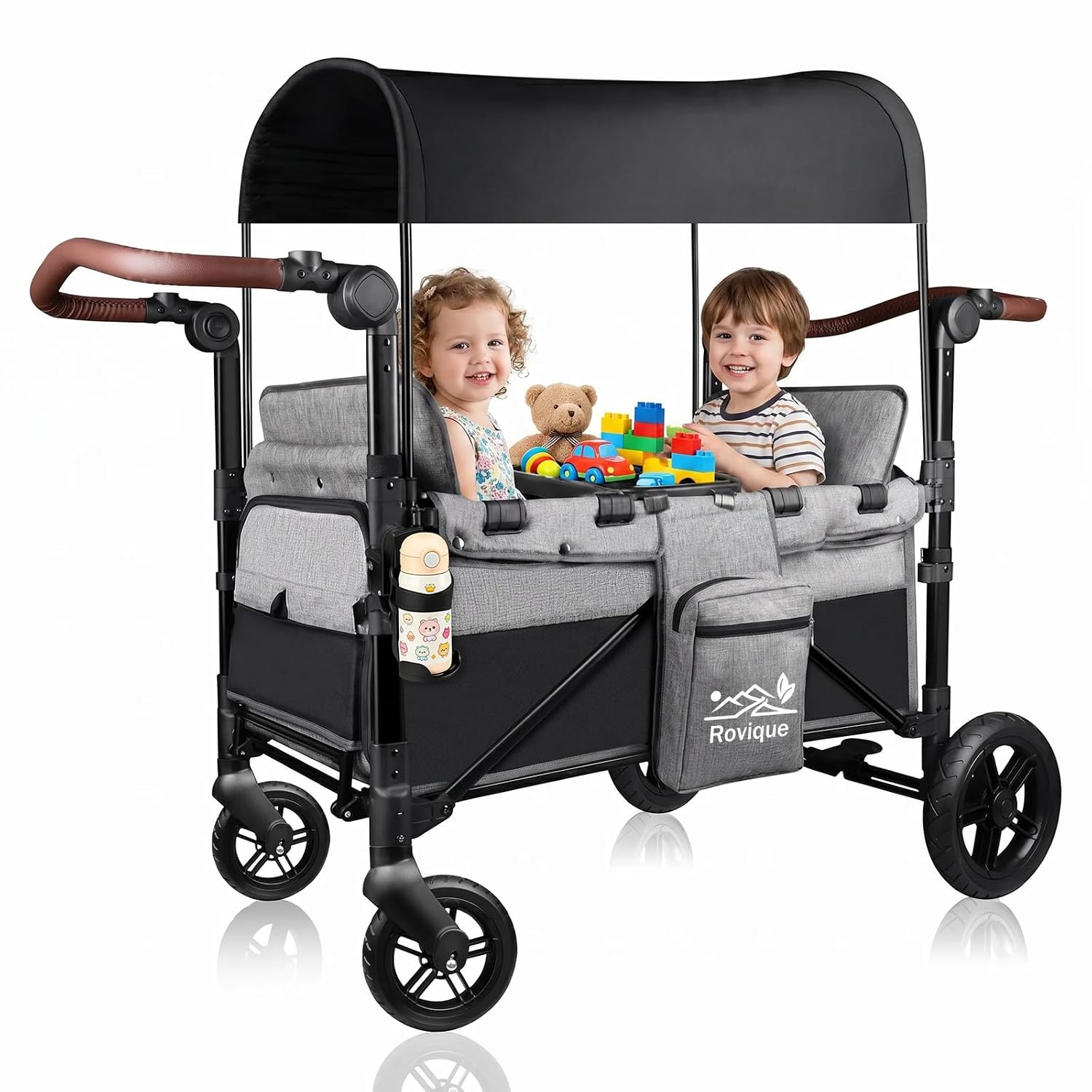 Wagon Stroller, Foldable 2 Seater Stroller Wagon for Kids with Extra Long Extender, Aluminum All-Terrain Baby Wagon with Convertible Seats, Adjustable Handle, Removable Canopy, Snack Tray, Cup Holder