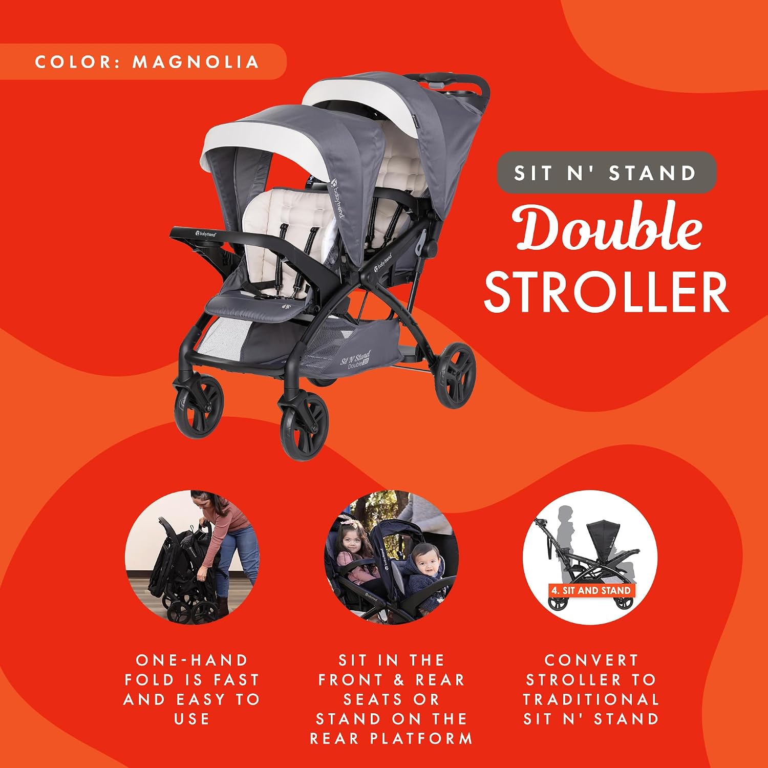 Baby Trend Sit N' Stand Tandem Double Stroller 2.0 DLX with 5 Point Safety Harness, Shaded Canopy, 2 Cup Holders, and Ample Storage Space, Magnolia