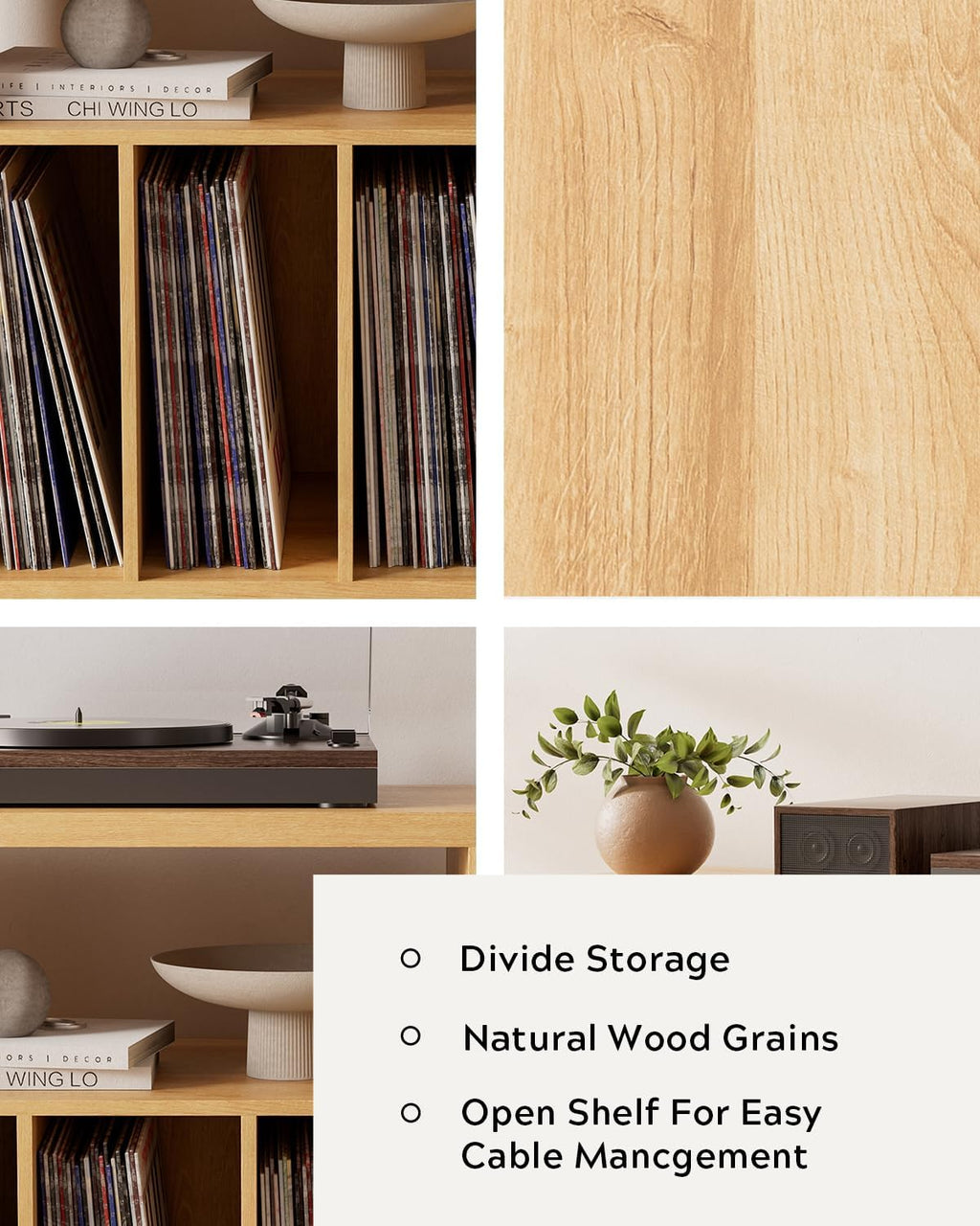 Farmhouse Record Player Stand Set of 2, Vinyl Record Storage Cabinet with Open Shelf, Wood Cube Storage Organizer for Living Room, Office, Natural Oak